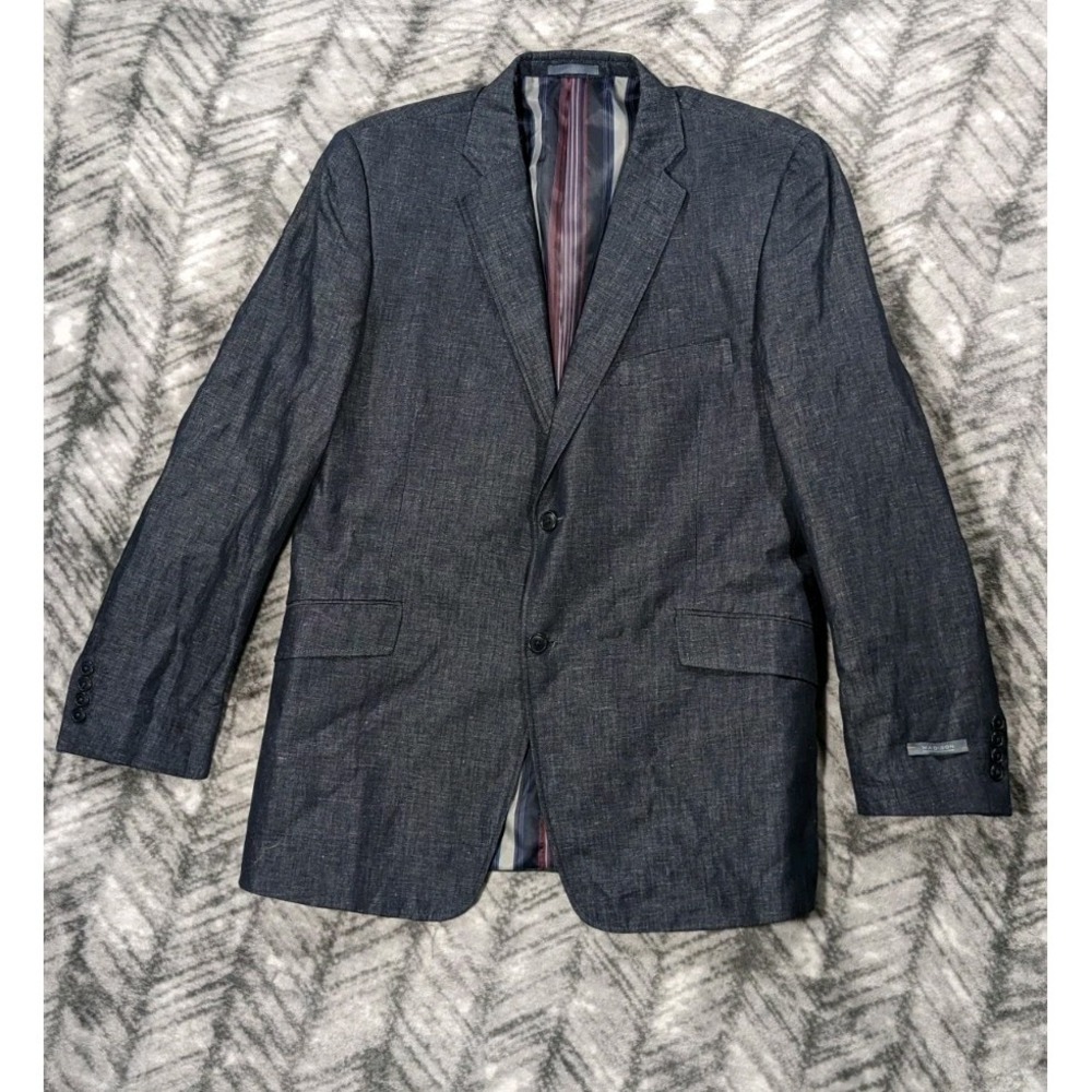 Madison Indigo Teal Chambray Linen Blend Blazer Modern Fit Summer Mens 44L NWT